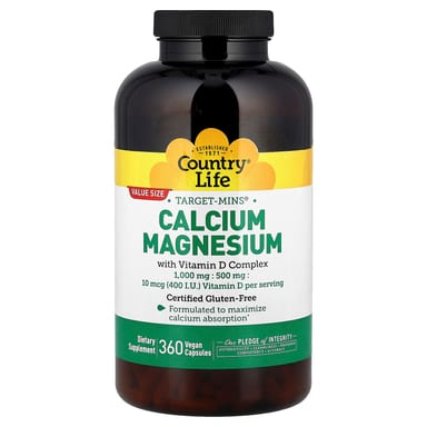 Магний Country Life Target-Mins® Calcium with Vitamin D Complex, 360 растительных капсул