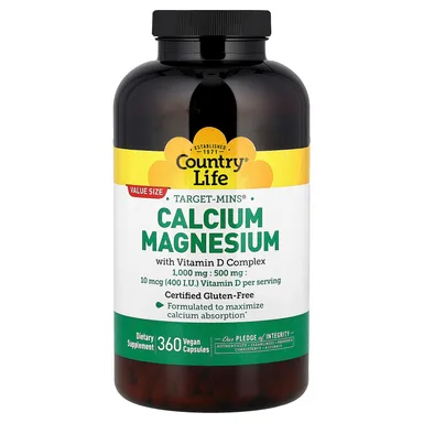 Фото товара: Магний Country Life Target-Mins® Calcium with Vitamin D Complex, 360 растительных капсул