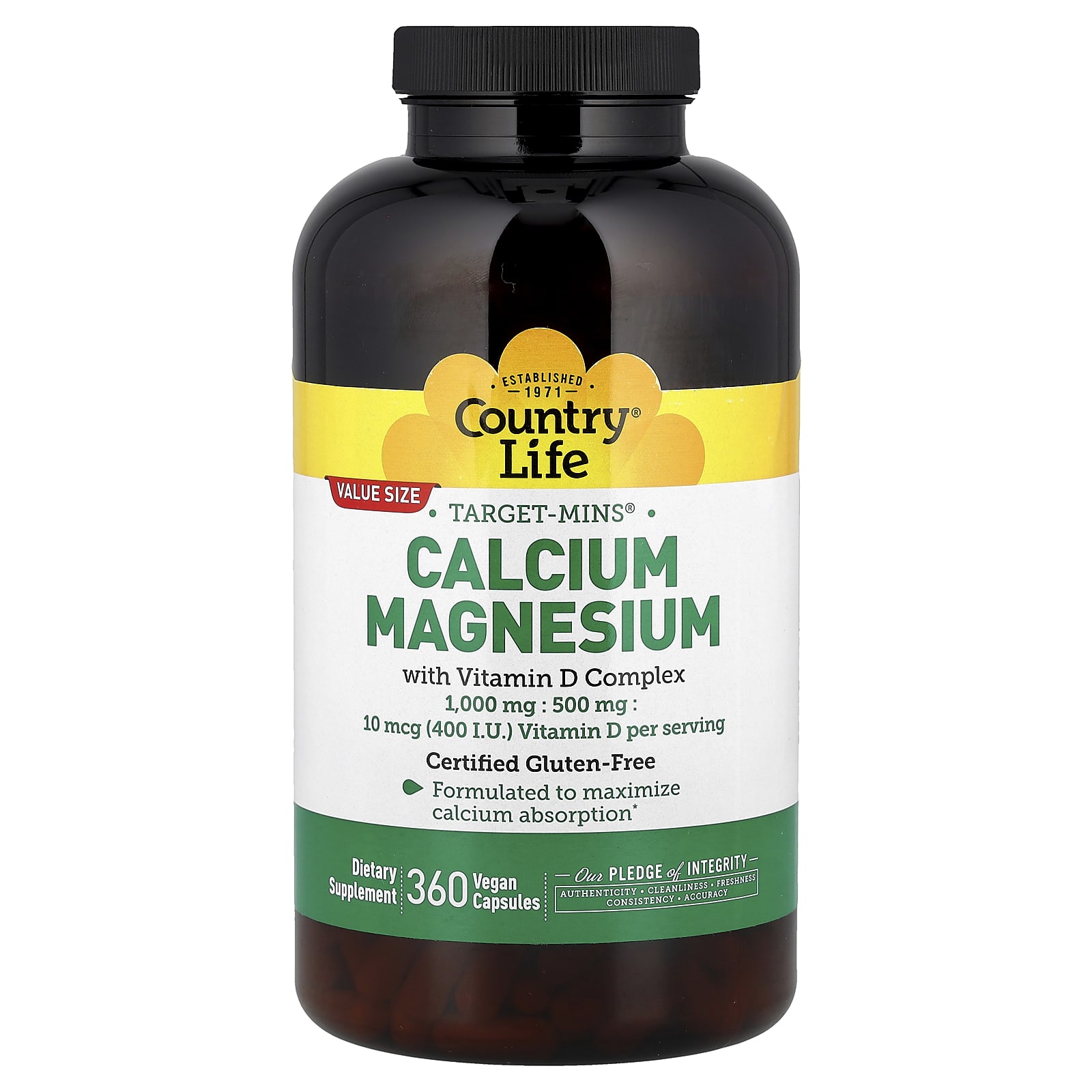 Магний Country Life Target-Mins® Calcium with Vitamin D Complex, 360 растительных капсул