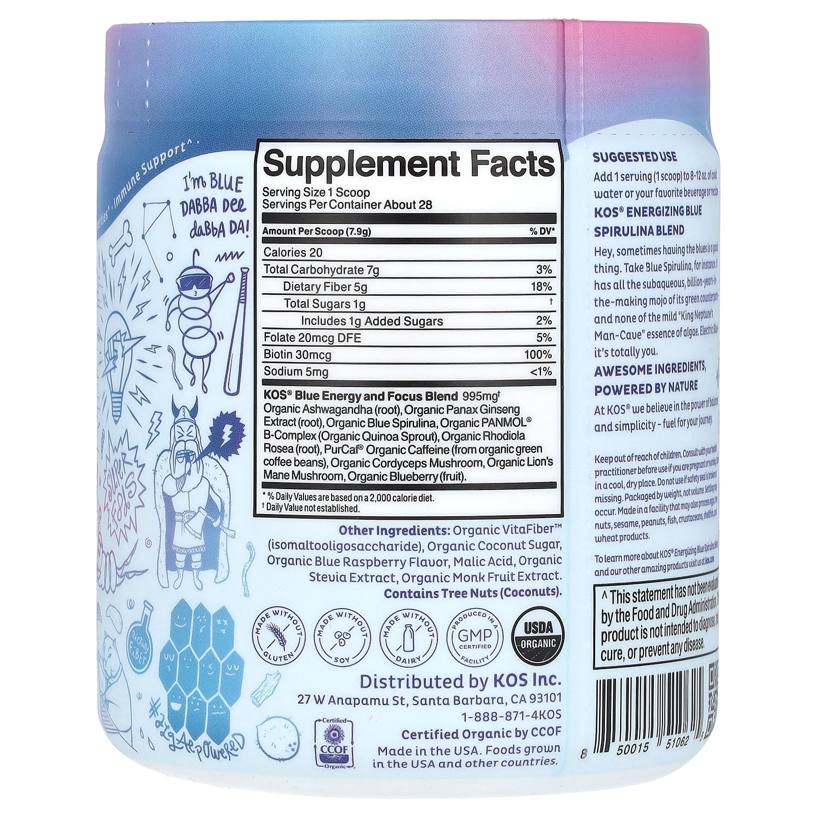 Спирулина KOS Bolt From The Blue Energizing Blue Blend, вкус Electric Boostberry, 221 г — фото 2