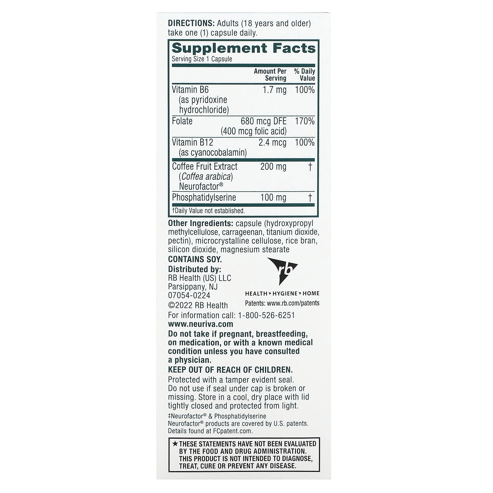Фолиевая кислота Schiff Neuriva Brain Health Plus Vitamins B6 B12 &, 30 капсул — фото 2