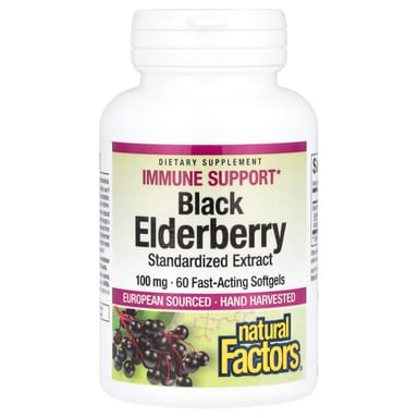Бузина Natural Factors 60 Fast-Acting, вкус Black Elderberry, 100 мг, мягкие капсулы