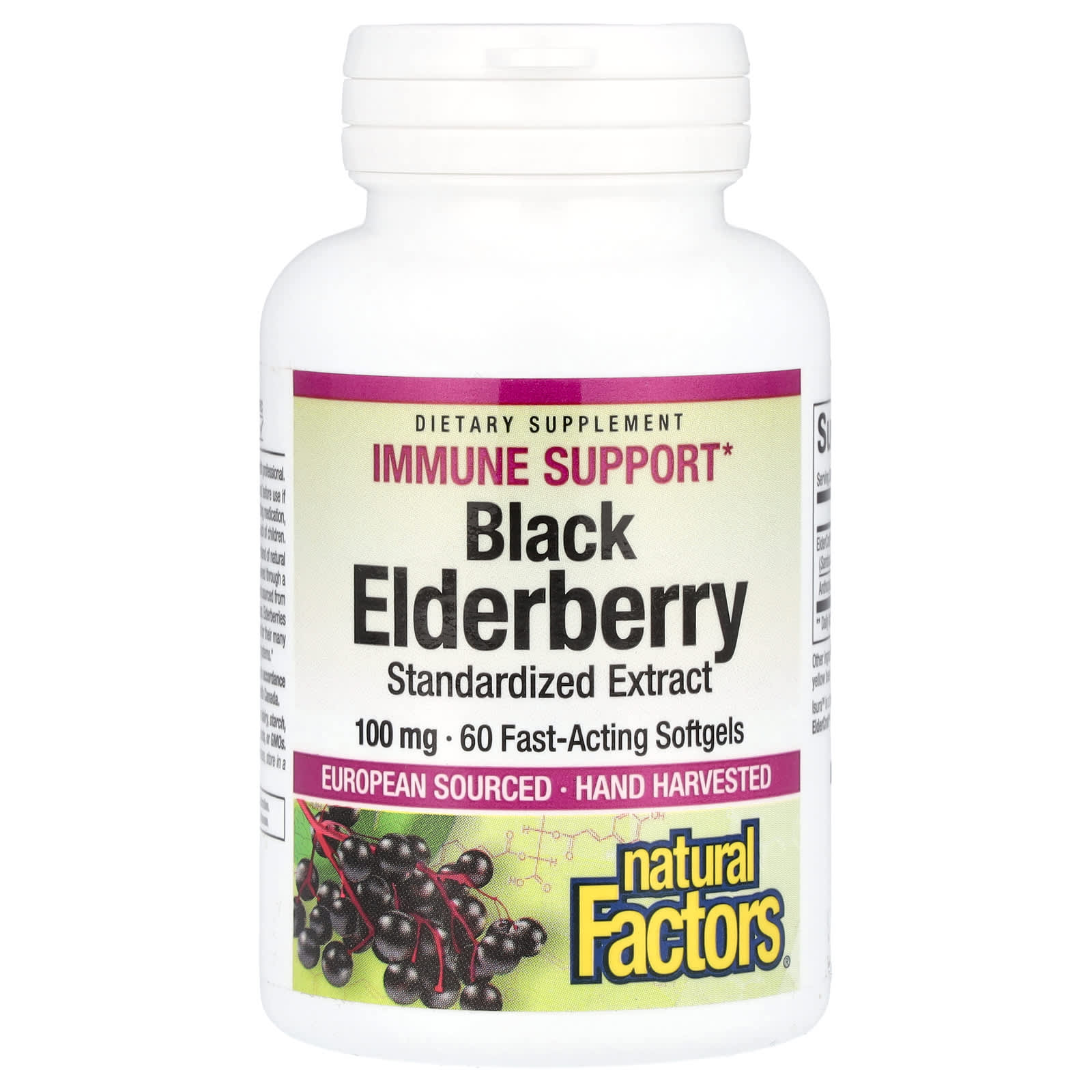 Бузина Natural Factors 60 Fast-Acting, вкус Black Elderberry, 100 мг, мягкие капсулы