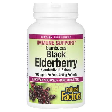 Бузина Natural Factors 120 Fast-Acting, вкус Sambucus Black Elderberry, 100 мг, мягкие капсулы
