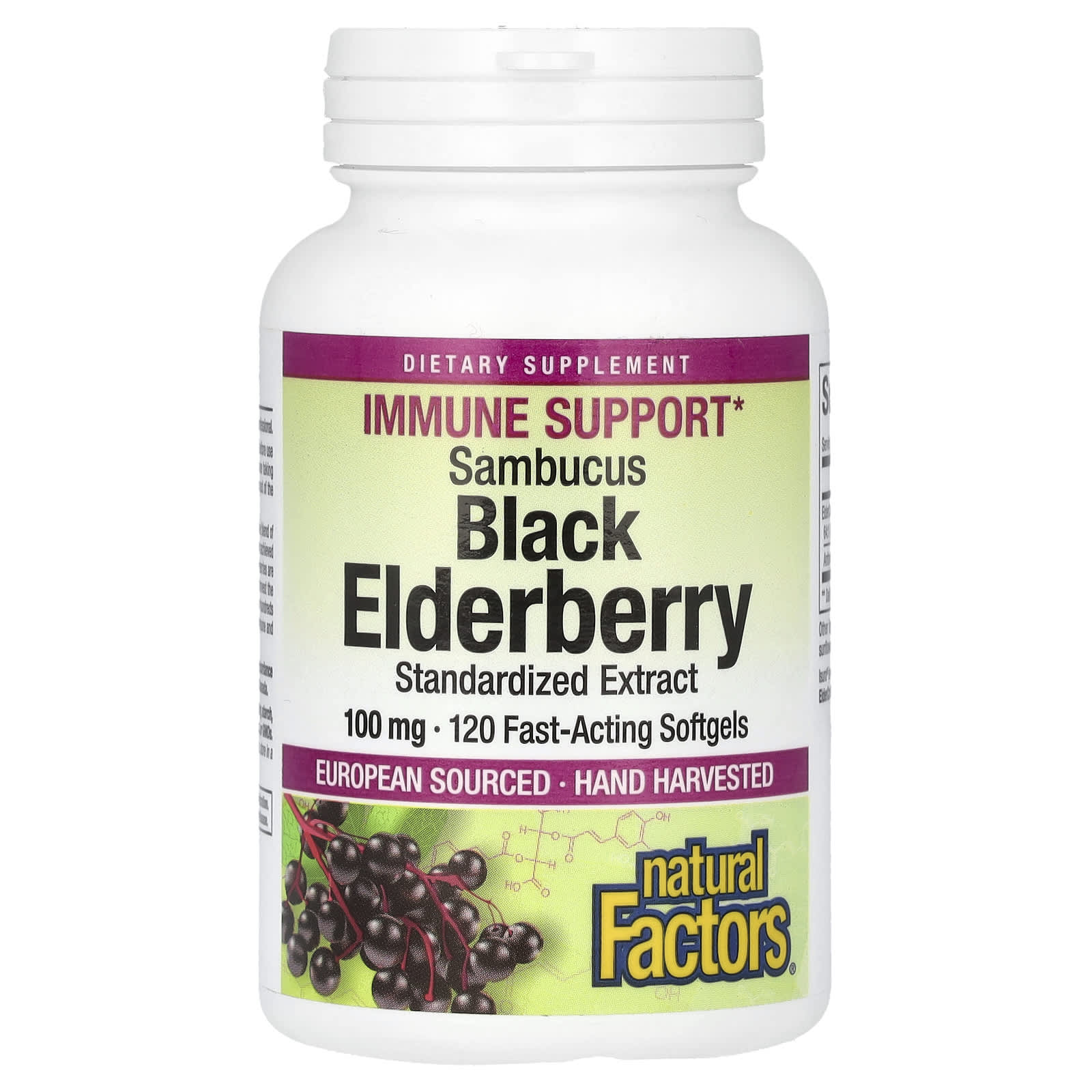 Бузина Natural Factors 120 Fast-Acting, вкус Sambucus Black Elderberry, 100 мг, мягкие капсулы