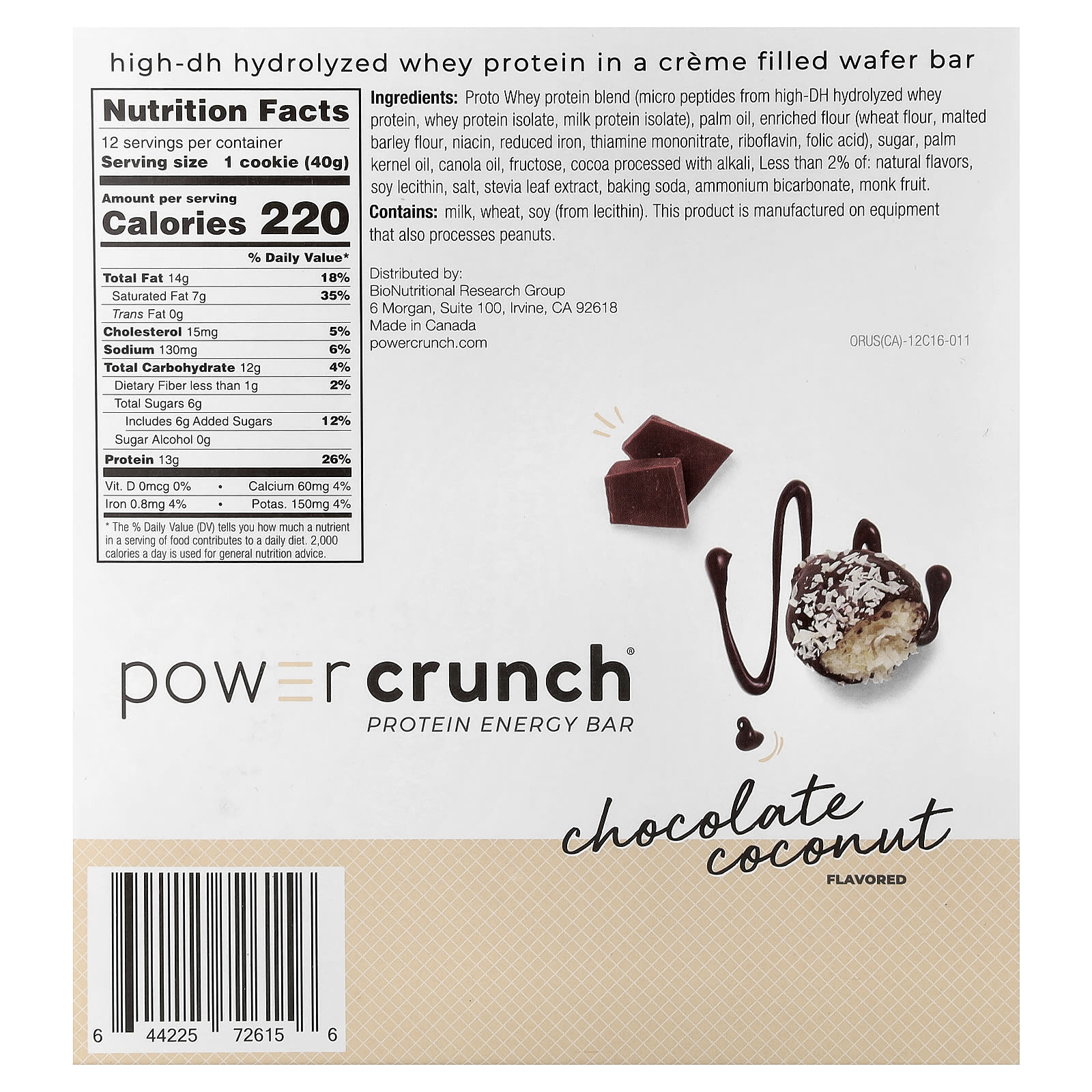 Шоколад BNRG Power Crunch® Protein Energy Bar, вкус Chocolate Coconut, 40 г, 12 шт., батончик — фото 2