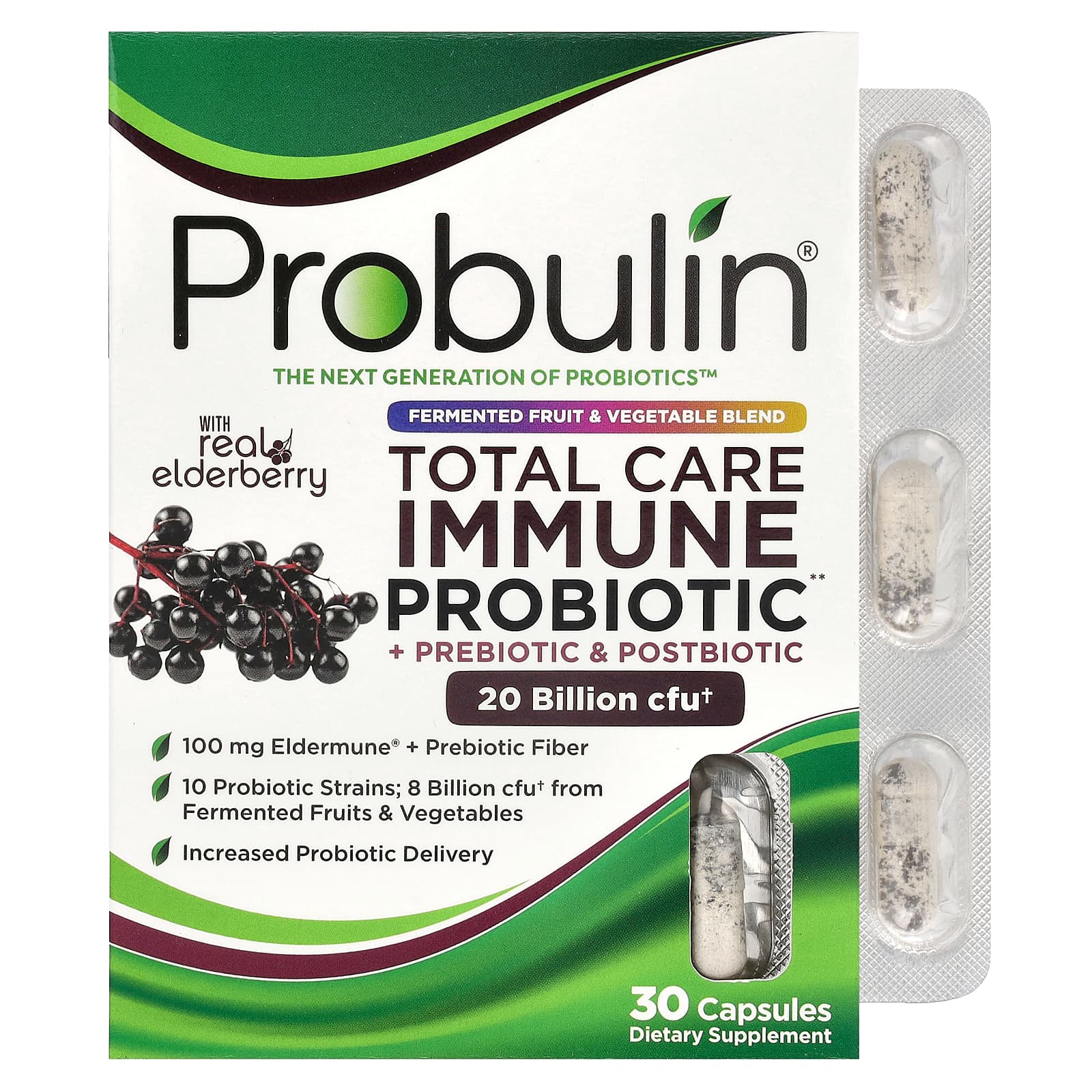 Бузина Probulin, вкус Total Care Immune Probiotic Prebiotic & Postbiotic with Real Elderberry, 20 млрд КОЕ, 30 капсул — фото 2