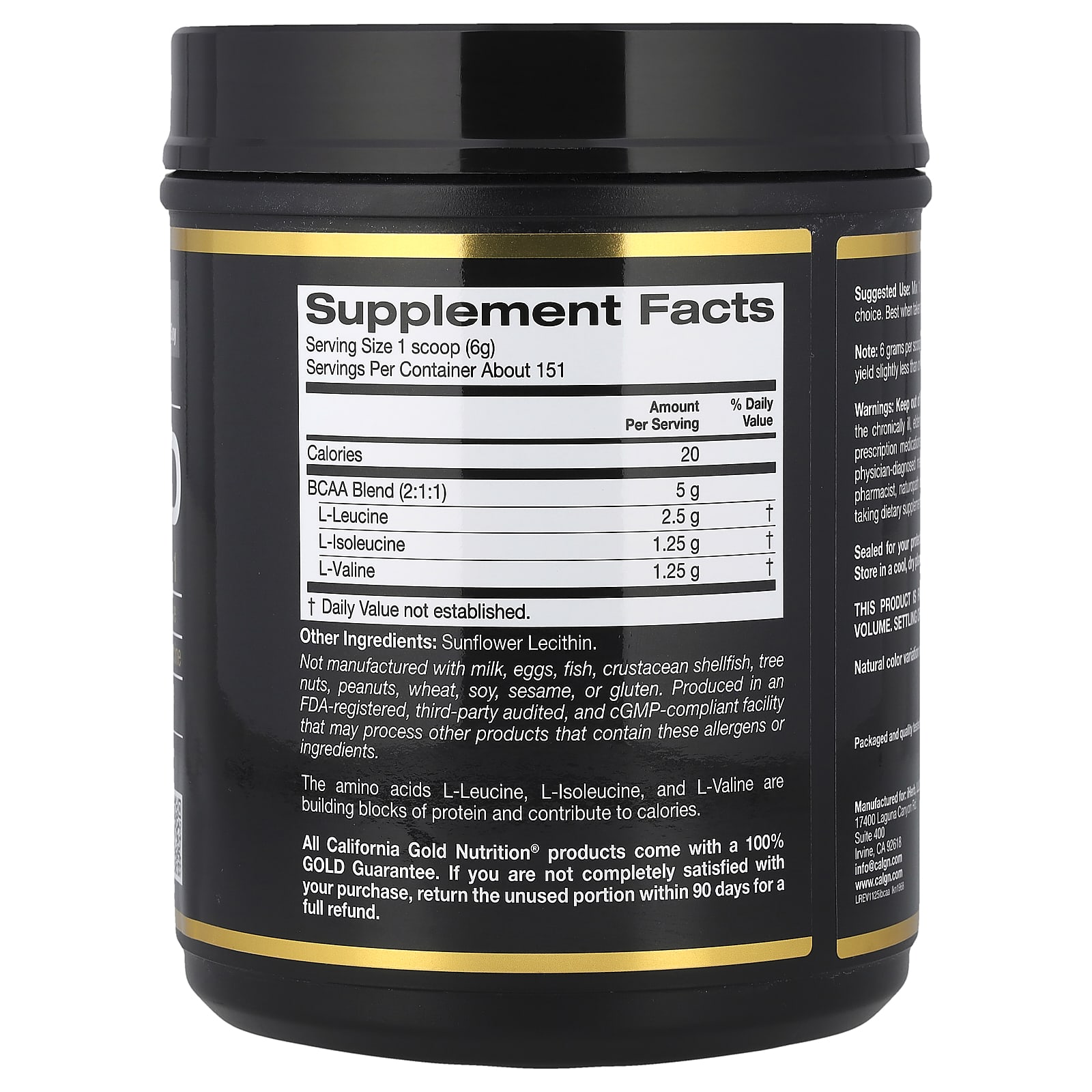 L-лейцин California Gold Nutrition Instantized BCAA Powder with L-Leucine L-Isoleucine and L-Valine, без вкуса, 907 г, порошок — фото 4