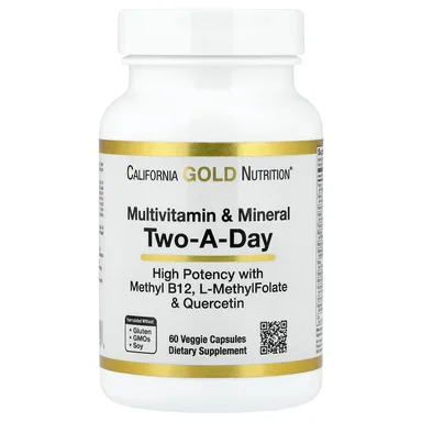 Фото товара: Мультивитаминно-минеральный комплекс California Gold Nutrition with Methyl B12 Vitamin C L-MethylFolate and Quercetin Two-A-Day, 60 растительных капсул