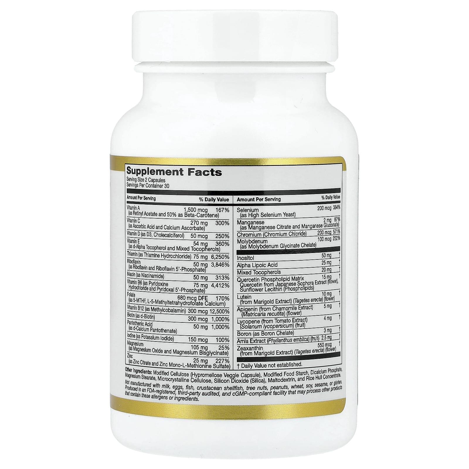 Мультивитаминно-минеральный комплекс California Gold Nutrition with Methyl B12 Vitamin C L-MethylFolate and Quercetin Two-A-Day, 60 растительных капсул — фото 4