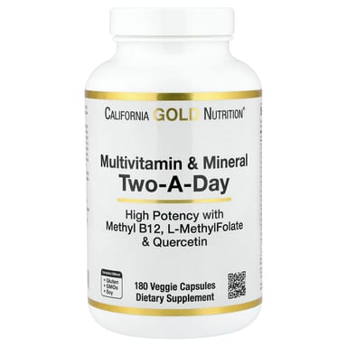 Мультивитаминно-минеральный комплекс California Gold Nutrition with Methyl B12 Vitamin C L-MethylFolate and Bio-Quercetin Two-A-Day, 180 растительных капсул