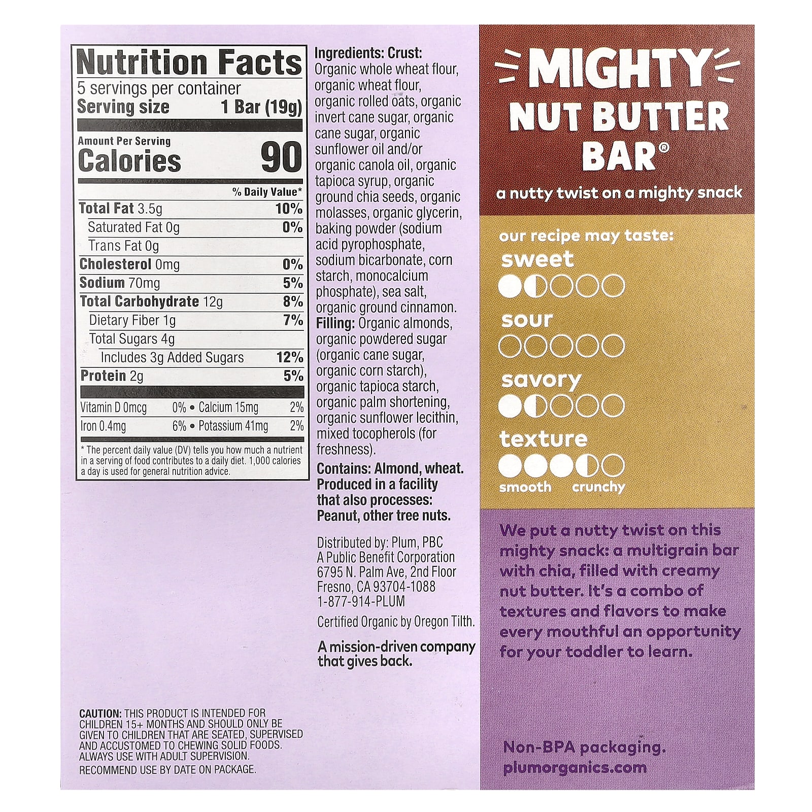 Миндальная паста Plum Organics Mighty Nut Butter Bar® 15+ Months, 19 г, 5 шт., батончик — фото 3