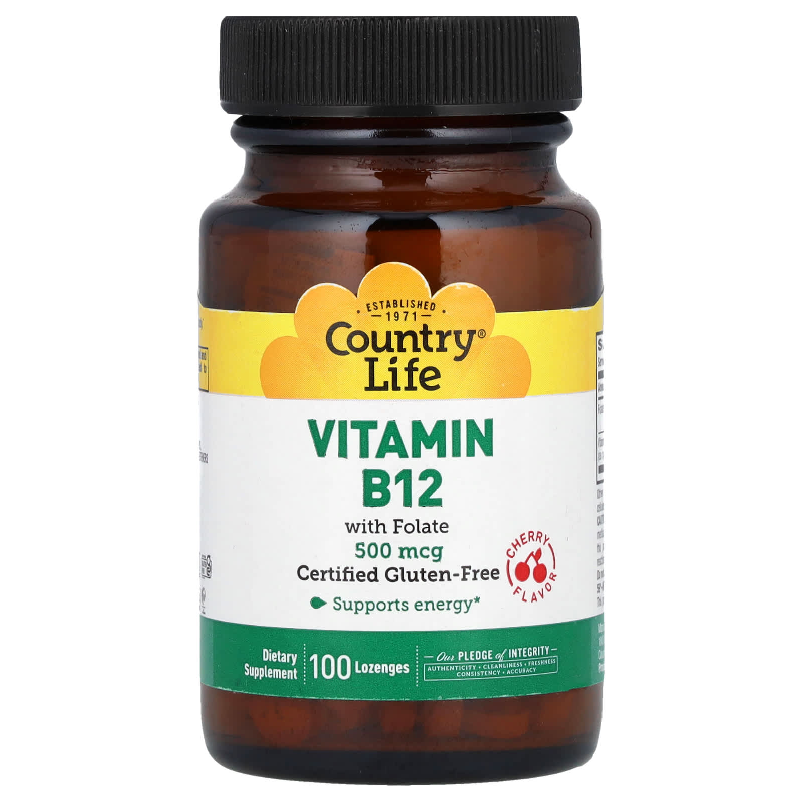 Витамин B12 Country Life with Folate, вкус Cherry, 100 пастилок