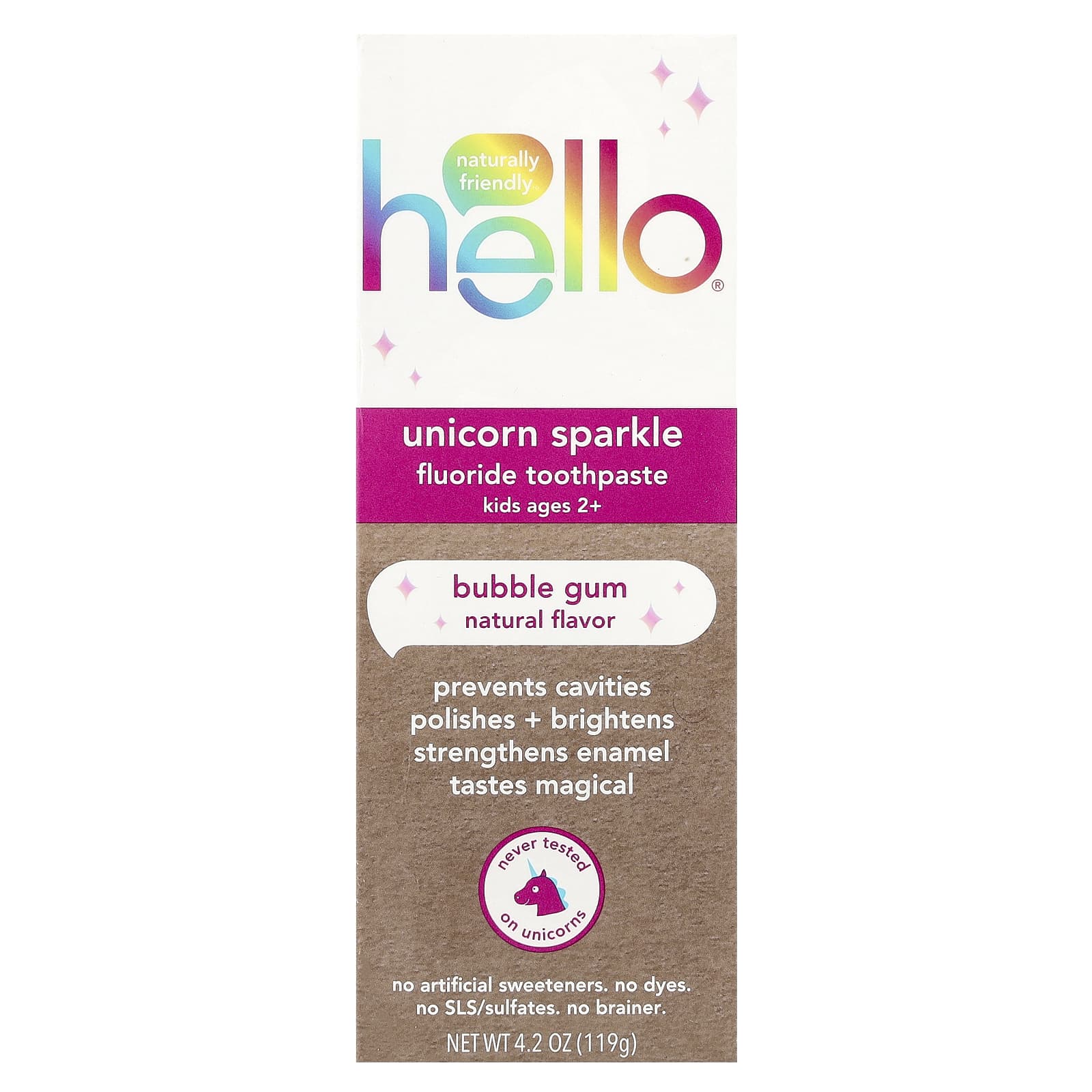Детская зубная паста Hello Fluoride Unicorn Sparkle Bubble Gum, для детей от 2 лет, 119 г — фото 2