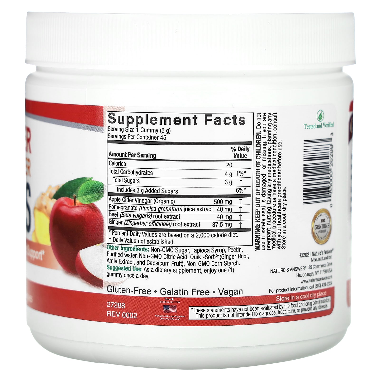 Яблочный уксус Nature's Answer Ginger Gummies with The Mother 45 Pectin Gummies, 500 мг, жевательные пастилки — фото 2