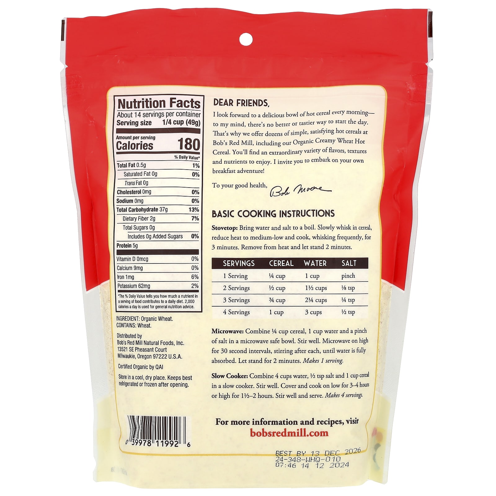 Хлопья Bob's Red Mill Organic Creamy Wheat Hot, 680 г — фото 2
