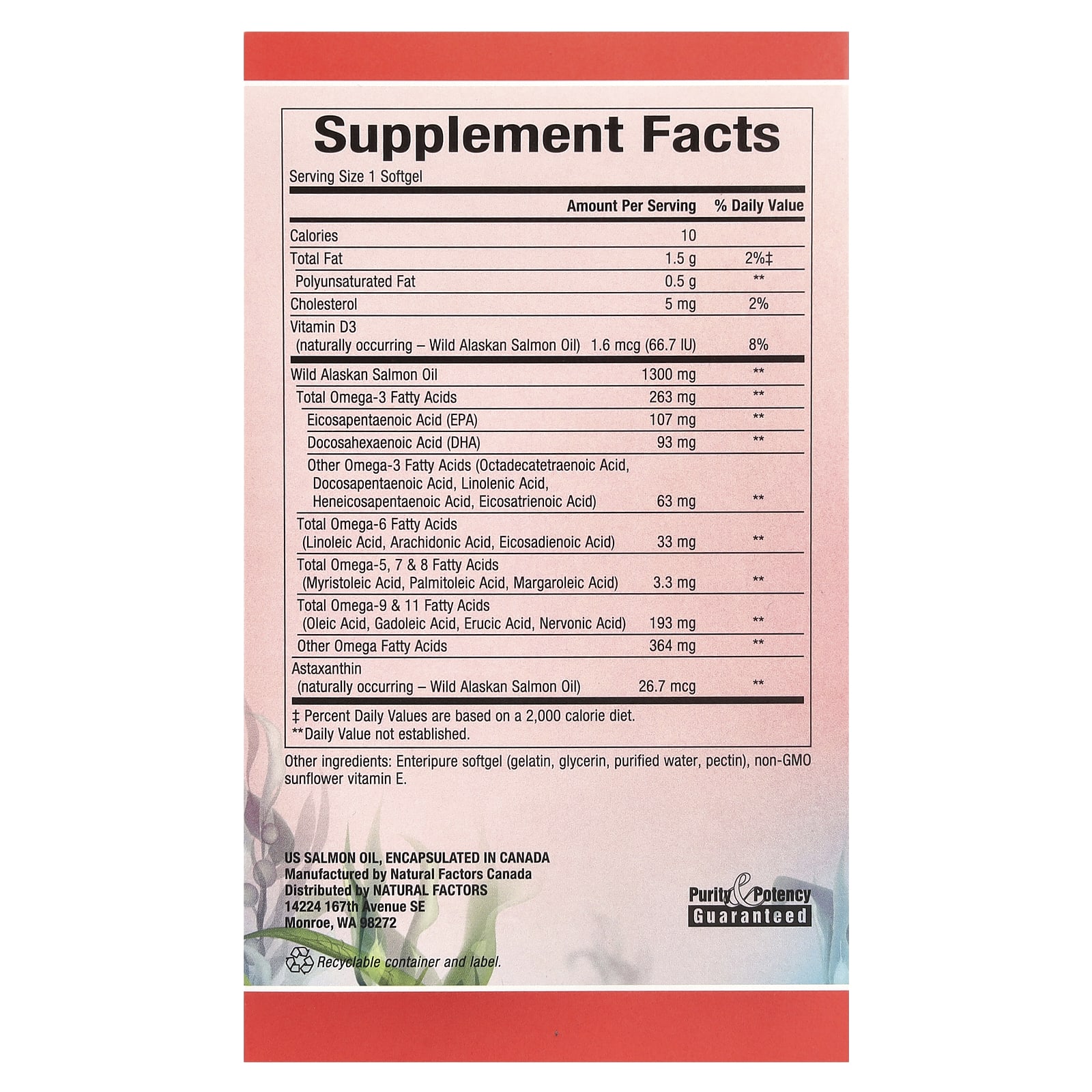 Омега-комплекс Natural Factors 100% Wild Alaskan Salmon Oil 180 Enteripure, 1300 мг, мягкие капсулы — фото 3