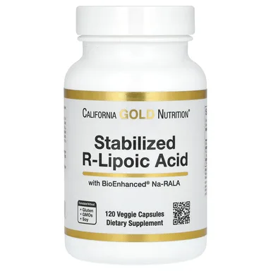 Фото товара: R-липоевая кислота California Gold Nutrition Stabilized R-Lipoic Acid with Bio-Enhanced® Na-RALA and Biotin, 120 растительных капсул