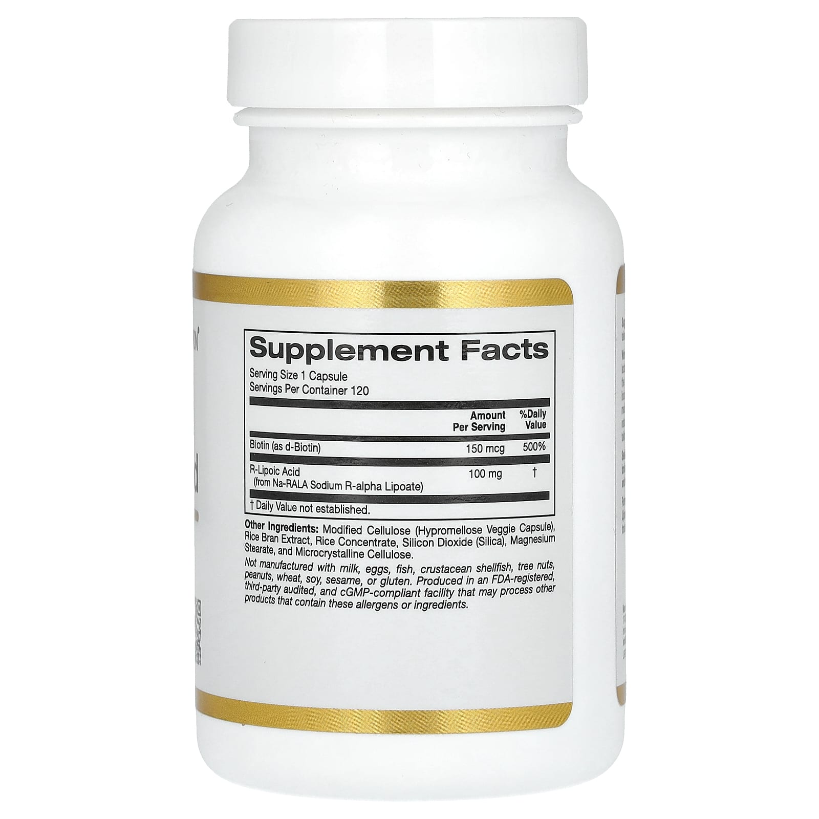 R-липоевая кислота California Gold Nutrition Stabilized R-Lipoic Acid with Bio-Enhanced® Na-RALA and Biotin, 120 растительных капсул — фото 3