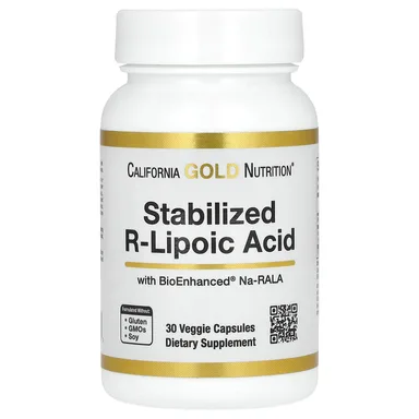 Фото товара: R-липоевая кислота California Gold Nutrition Stabilized R-Lipoic Acid with Biotin, 30 растительных капсул