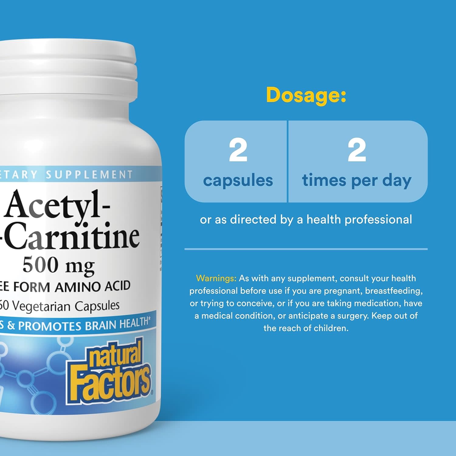 Ацетил-L-карнитин Natural Factors Acetyl-L-Carnitine, 500 мг, 60 растительных капсул — фото 4