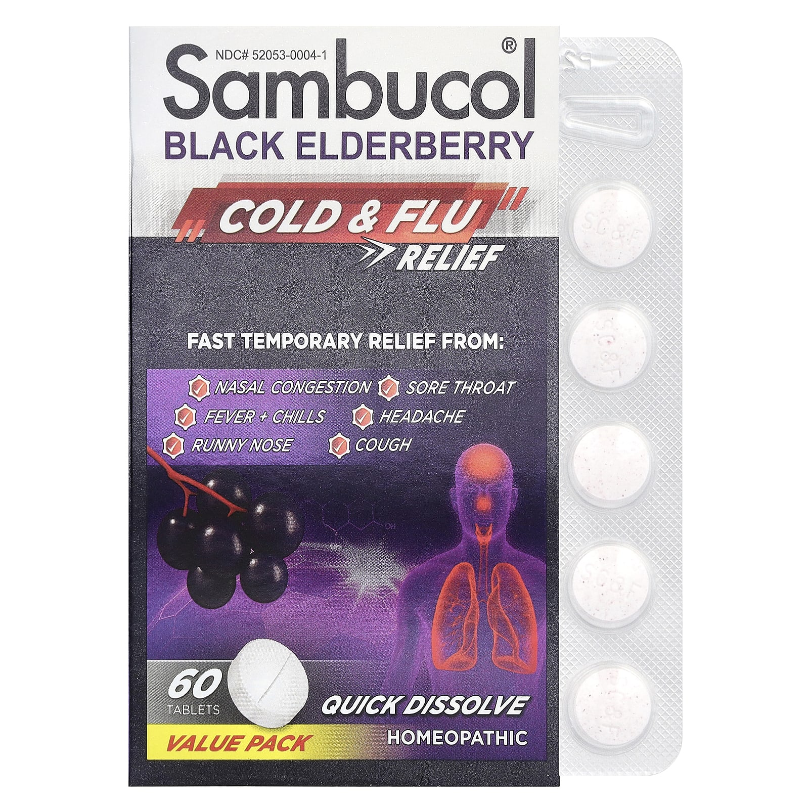 Бузина Sambucol Cold & Flu Relief, вкус Black Elderberry, 60 таблеток