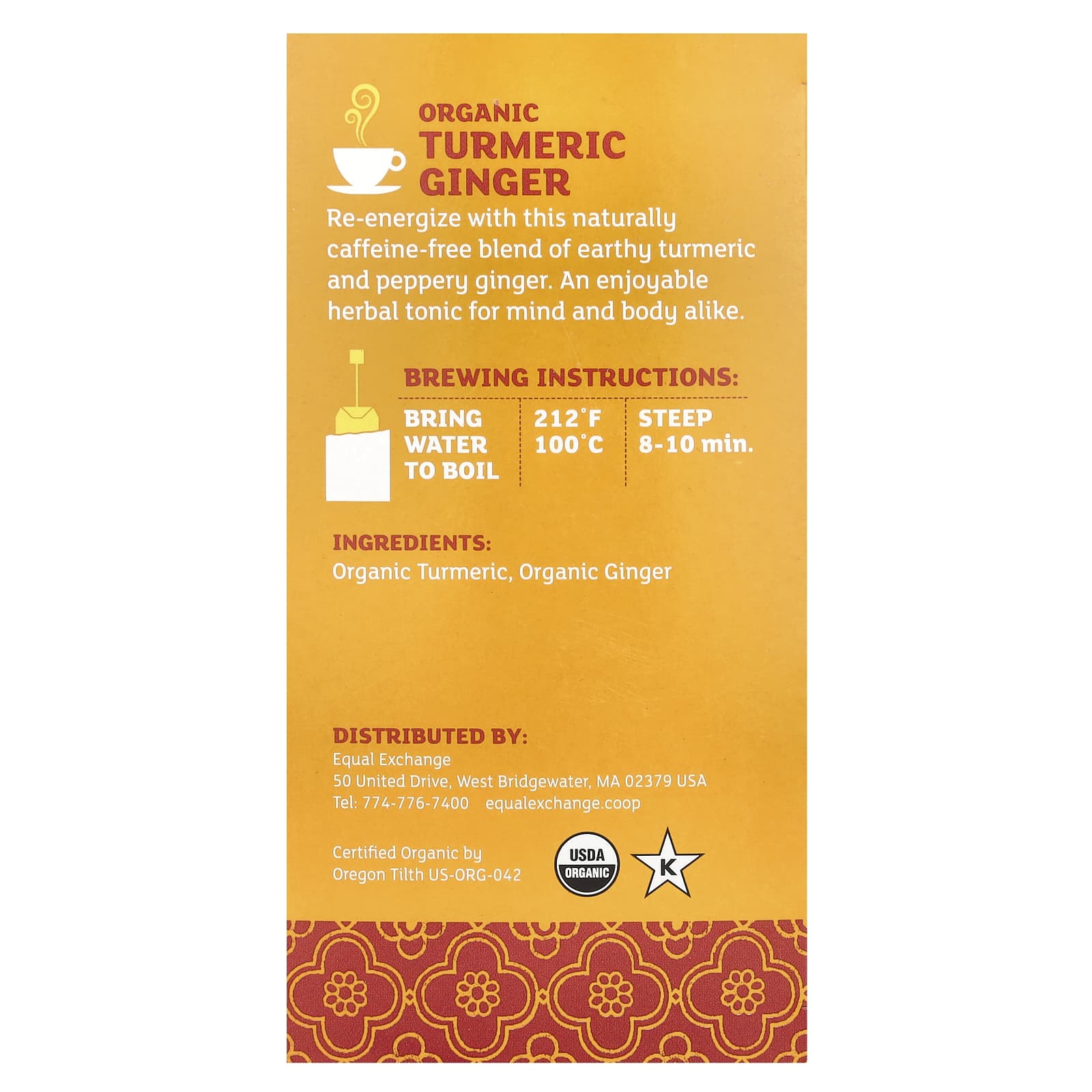 Травяной чай Equal Exchange Organic Turmeric Ginger 20 Tea Bags, без кофеина, 36 г, чайные пакетики — фото 2