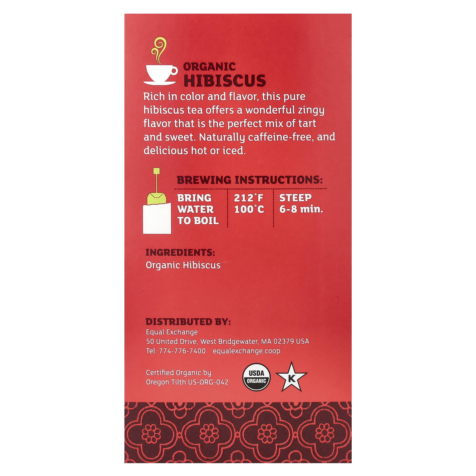 Травяной чай Equal Exchange Organic Hibiscus 20 Tea Bags, без кофеина, 40 г, чайные пакетики — фото 2