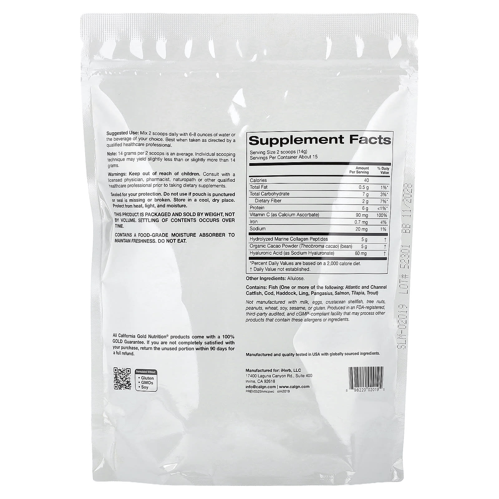 Коллаген California Gold Nutrition Hydrolyzed Marine Peptides with Cocoa, 206 г — фото 4