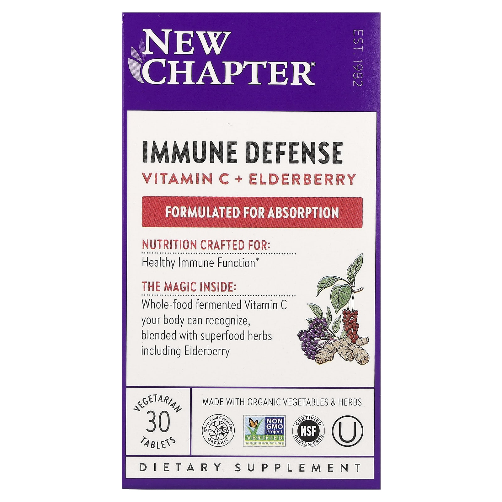 Бузина New Chapter Immune Defense, вкус Vitamin C Elderberry, 30 растительных таблеток — фото 2