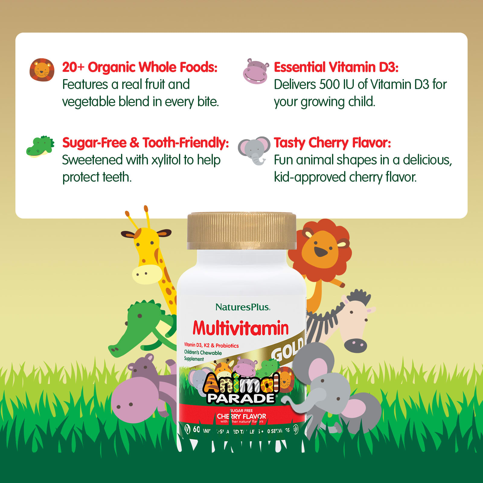 Детские жевательные мультивитамины NaturesPlus Animal Parade® Gold, вкус Cherry, 60 жевательных таблеток в форме животных — фото 4