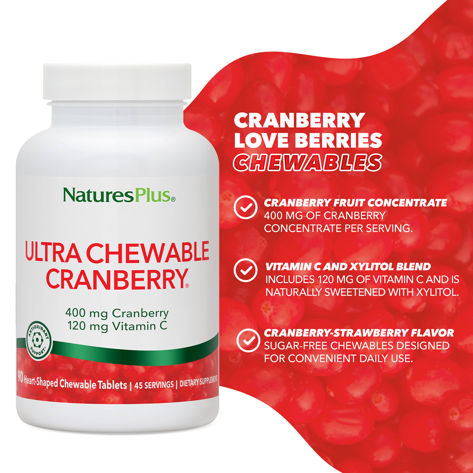 Клюква Ultra Chewable NaturesPlus, вкус Ultra Chewable Cranberry®, 90 жевательных таблеток — фото 3