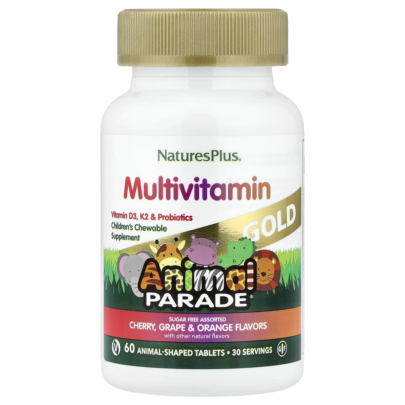 Детские жевательные мультивитамины NaturesPlus Animal Parade® Gold Cherry Grape & Orange, 60 жевательных таблеток в форме животных