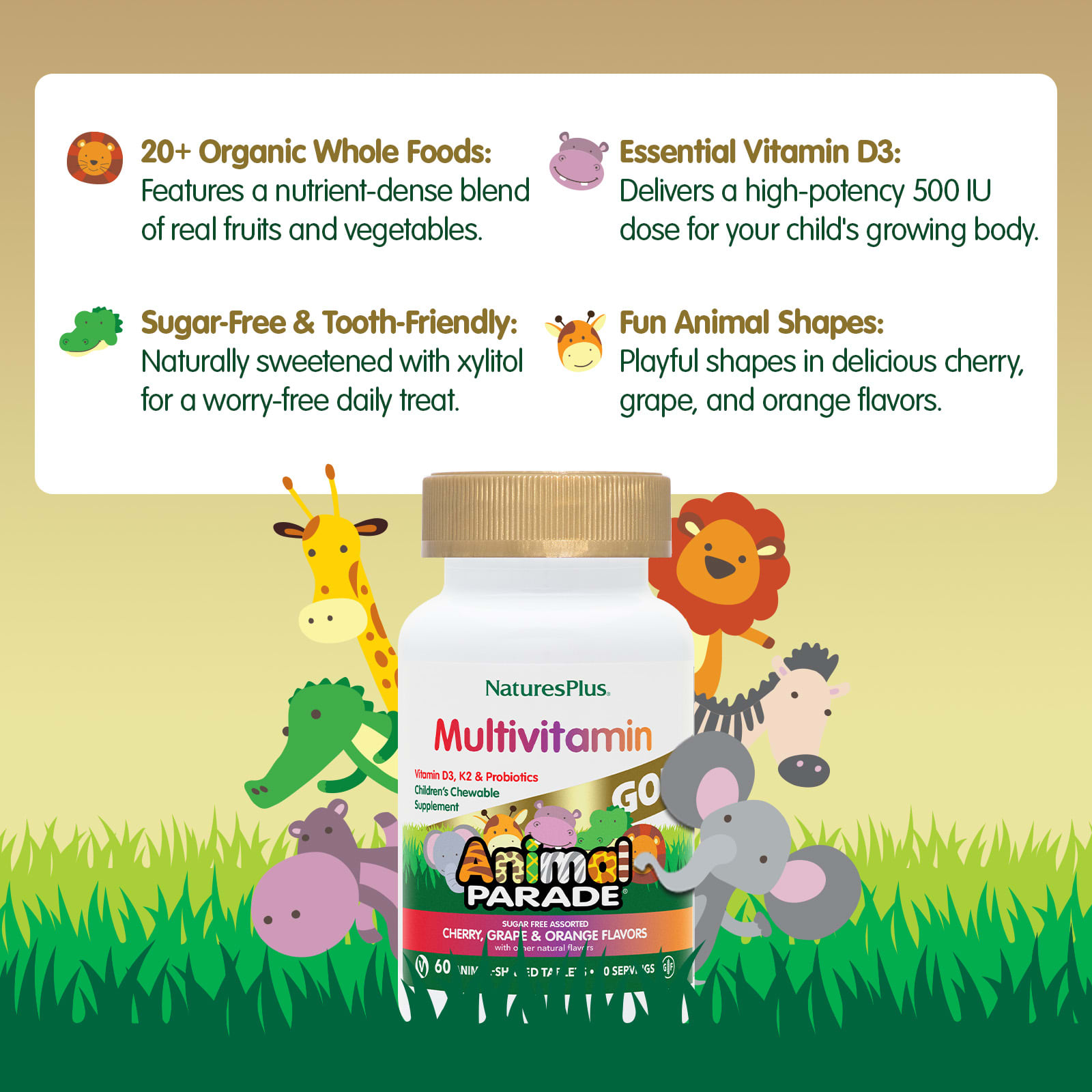Детские жевательные мультивитамины NaturesPlus Animal Parade® Gold Cherry Grape & Orange, 60 жевательных таблеток в форме животных — фото 4