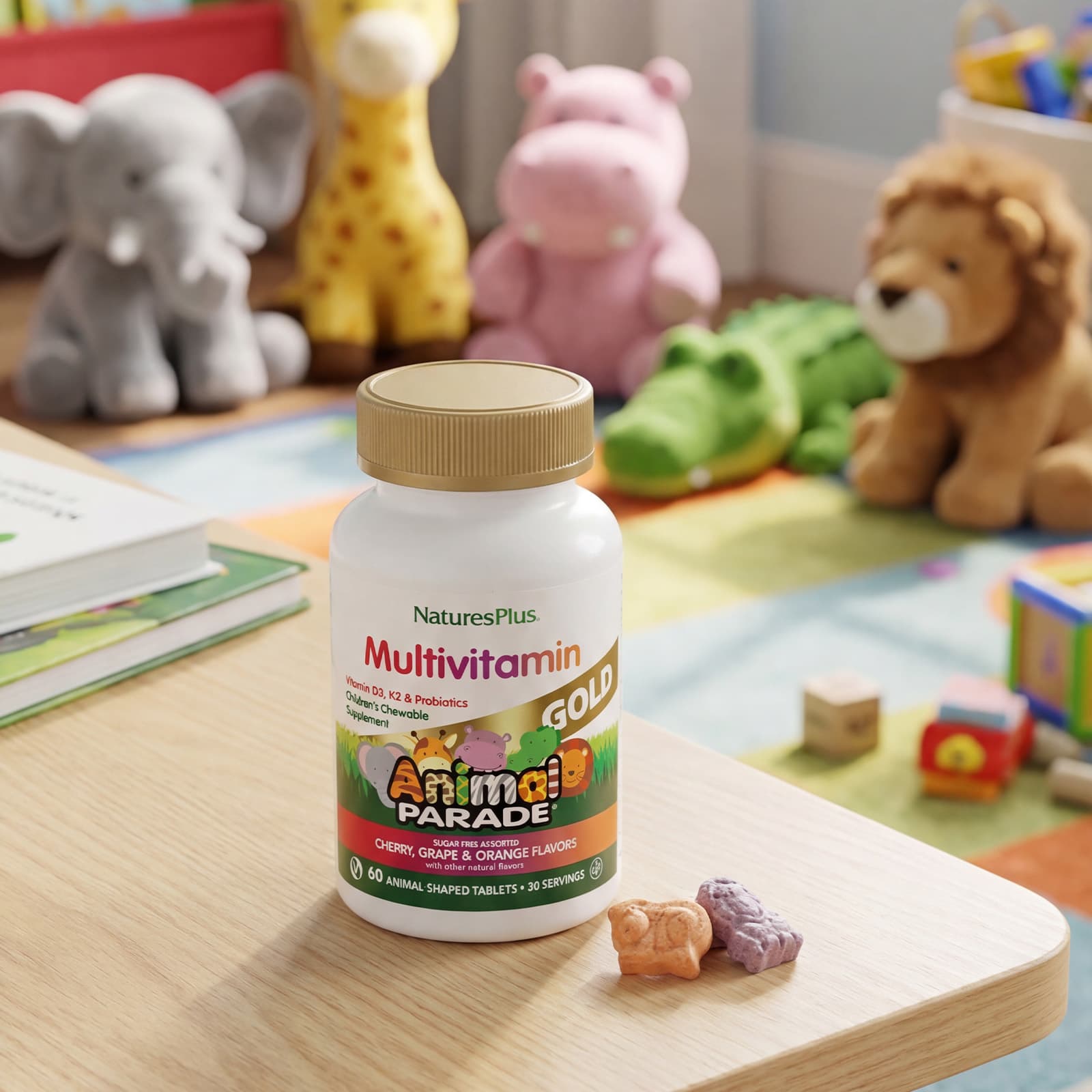 Детские жевательные мультивитамины NaturesPlus Animal Parade® Gold Cherry Grape & Orange, 60 жевательных таблеток в форме животных — фото 6