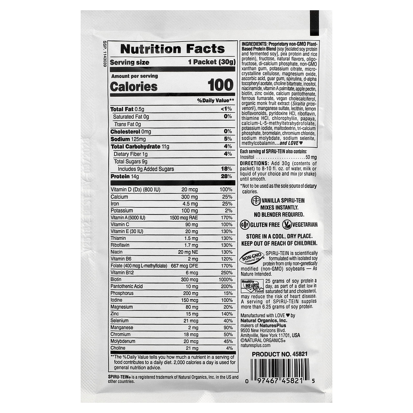 Протеиновый порошок NaturesPlus Spiru-Tein® Meal 8 Packets, вкус Vanilla, 30 г, саше — фото 2