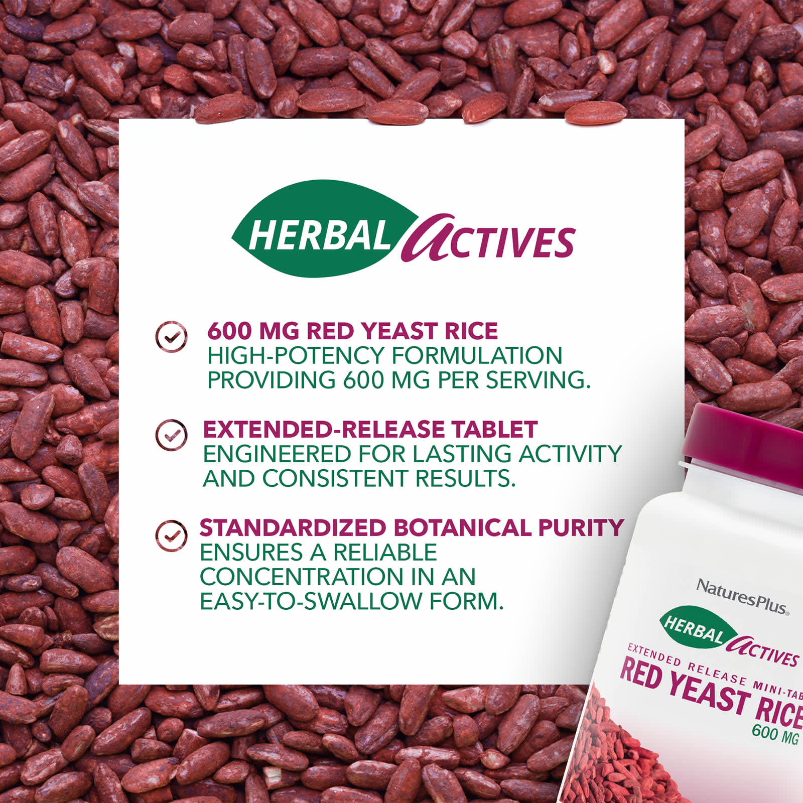 Рис NaturesPlus Herbal Actives Red Yeast, 300 мг — фото 3