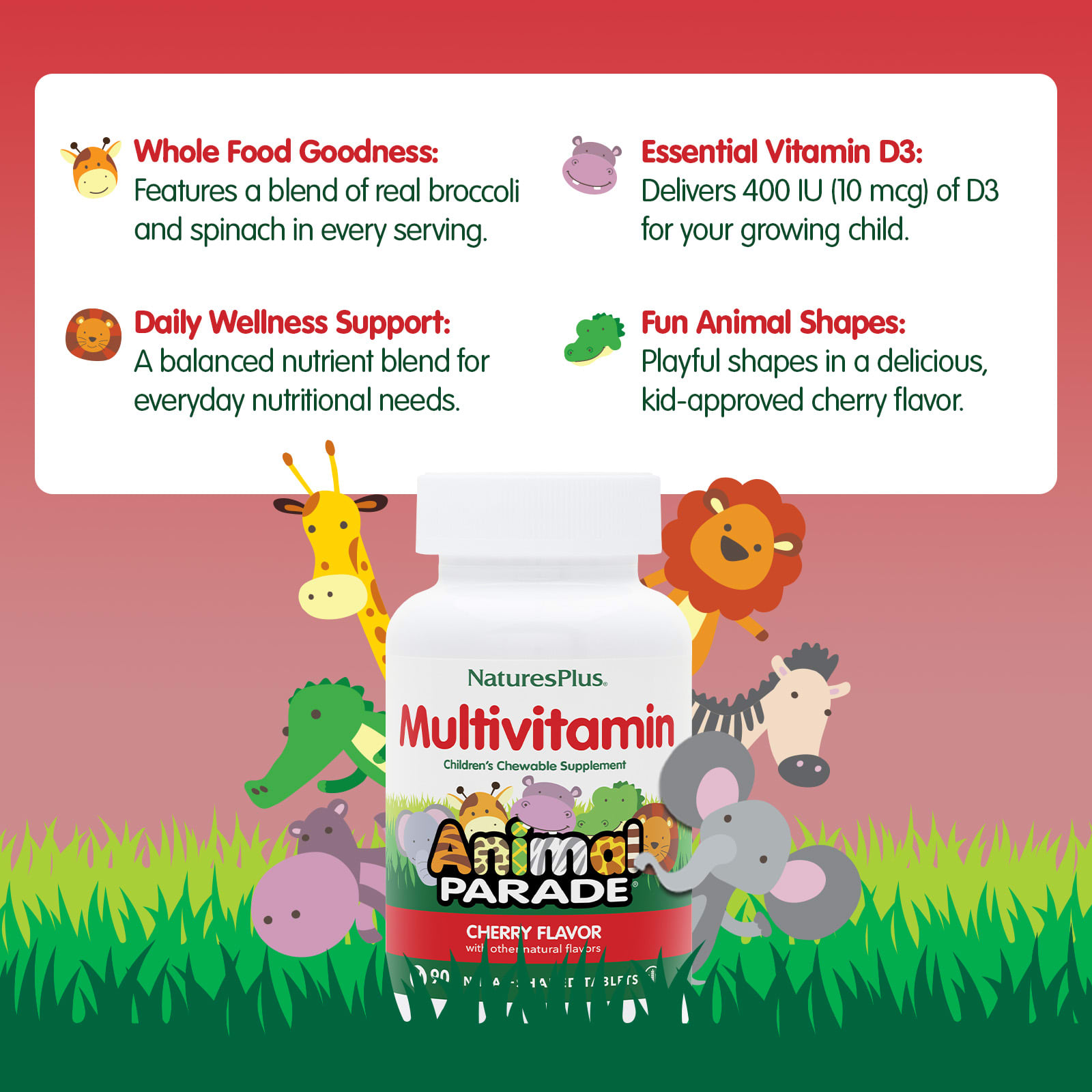 Детские жевательные мультивитамины NaturesPlus Animal Parade®, вкус Cherry, 90 жевательных таблеток в форме животных — фото 4