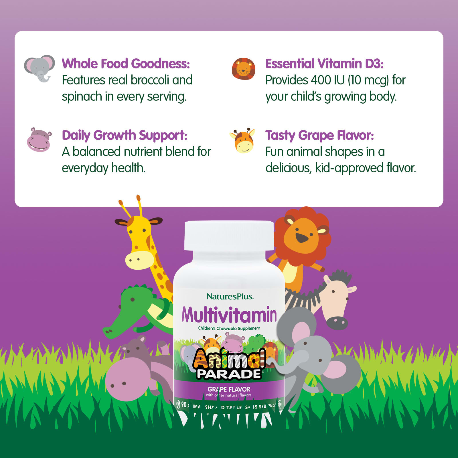 Детские жевательные мультивитамины NaturesPlus Animal Parade®, вкус Grape, 90 жевательных таблеток в форме животных — фото 4