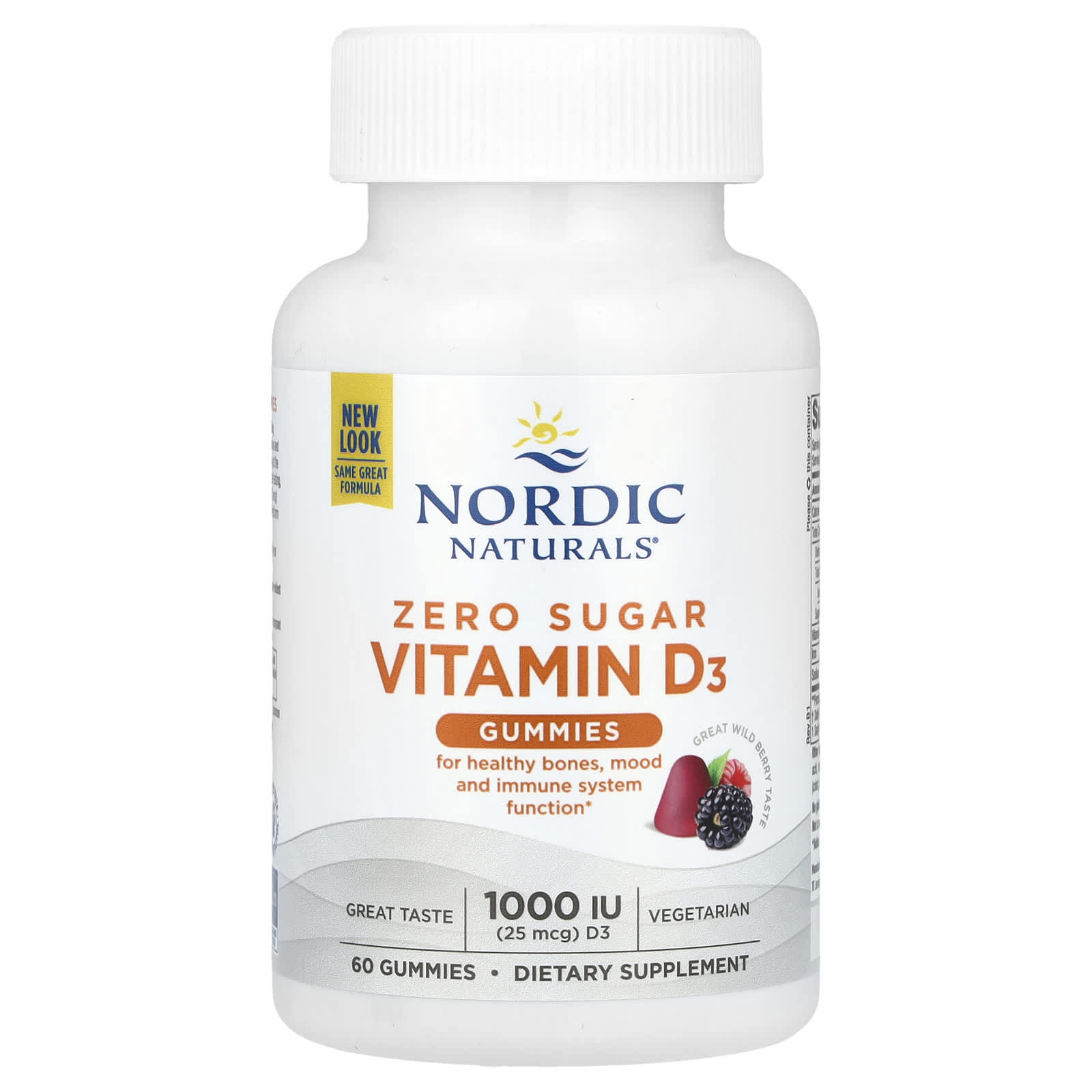 Витамин D3 Nordic Naturals Zero Sugar Gummies, вкус Great Wild Berry, 25 мкг (1000 МЕ), 60 жевательных пастилок