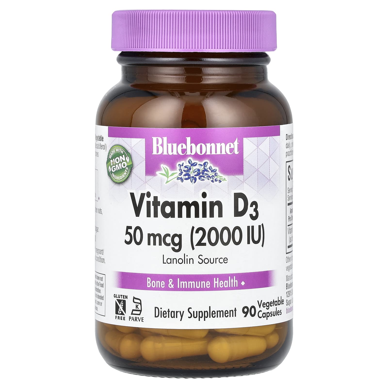 Витамин D3 Bluebonnet Nutrition, 50 мкг (2000 МЕ), 90 растительных капсул