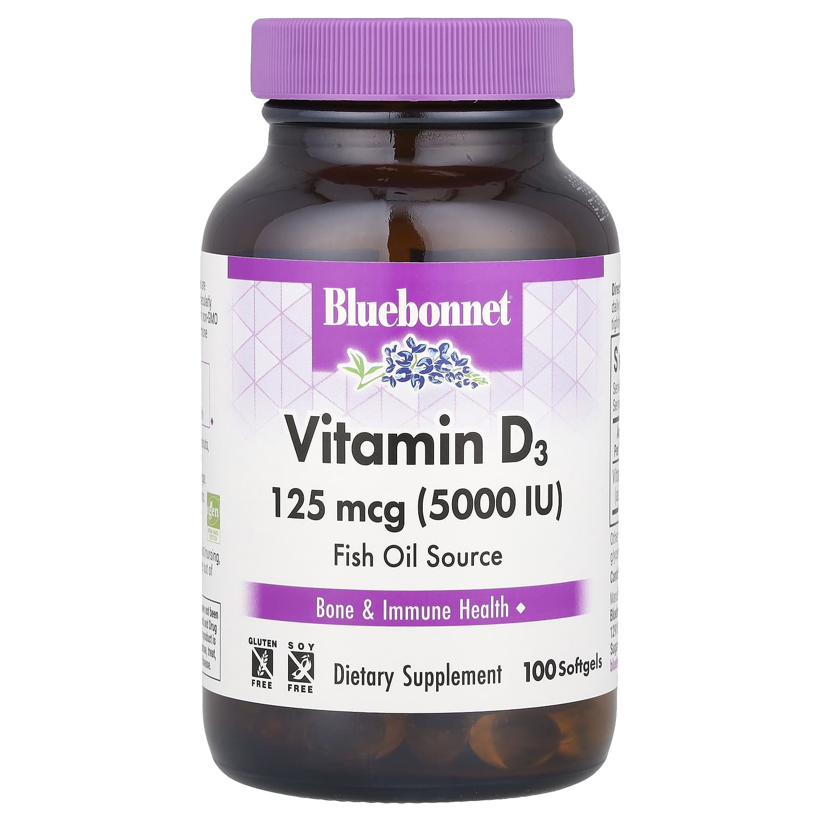 Витамин D3 Bluebonnet Nutrition, 125 мкг (5000 МЕ), 100 мягких капсул