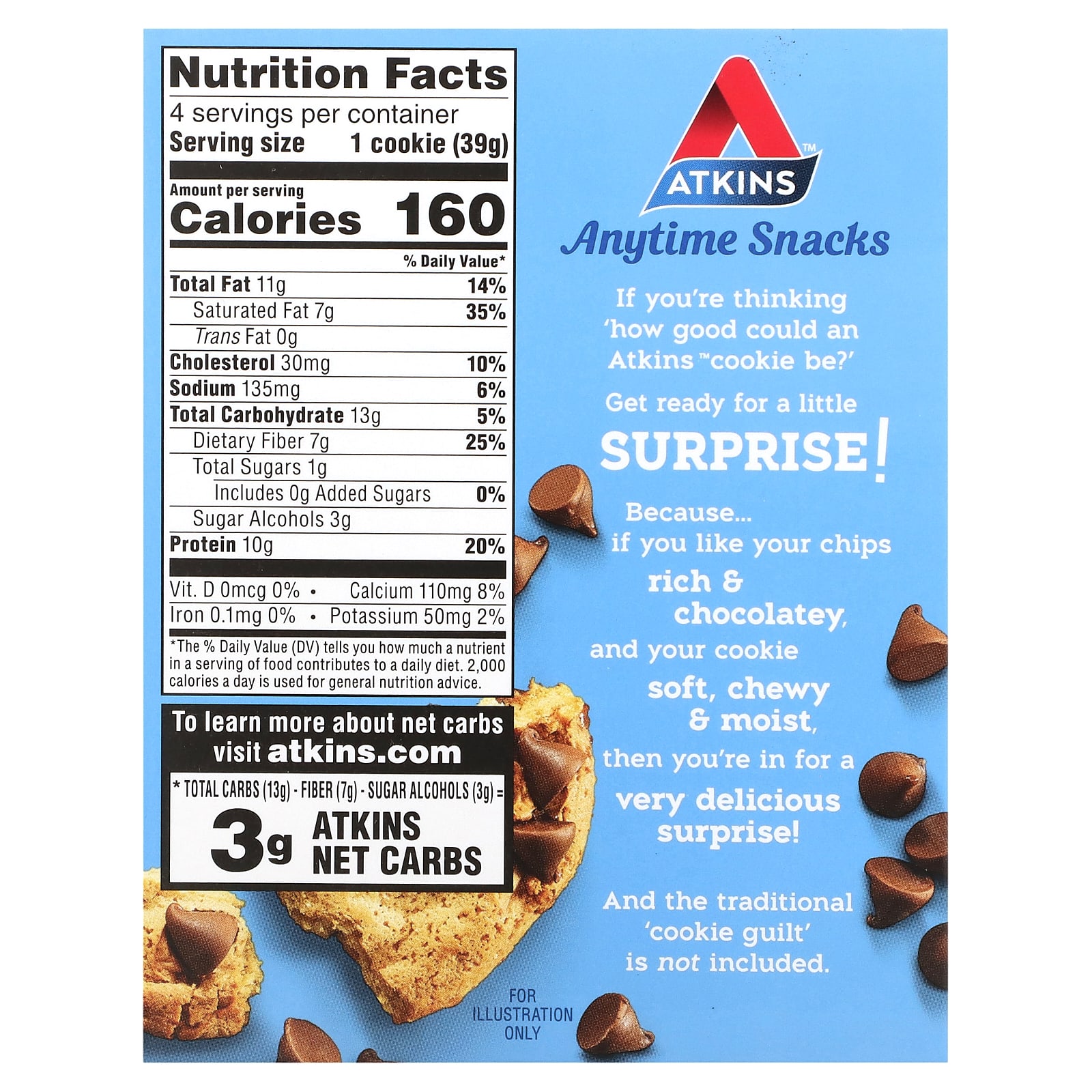 Шоколад Atkins Anytime Snacks Protein Cookies 4 Cookies, вкус Chocolate Chip, 39 г — фото 3
