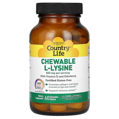 Бузина Country Life Chewable L-Lysine With Vitamin D and Tangy Orange Twist, вкус Chewable L-Lysine With Vitamin D and Elderberry, Tangy Orange Twist, 60 жевательных таблеток