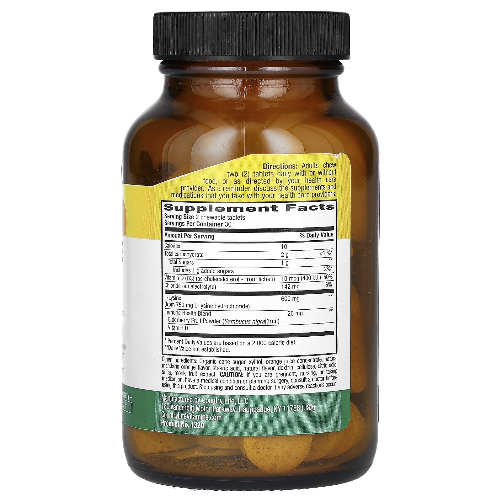 Бузина Country Life Chewable L-Lysine With Vitamin D and Tangy Orange Twist, вкус Chewable L-Lysine With Vitamin D and Elderberry, Tangy Orange Twist, 60 жевательных таблеток — фото 2