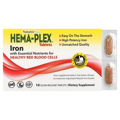 Железо NaturesPlus Hema-Plex® with Essential Nutrients for Healthy Red Blood Cells 10 Slow Release Tablets, таблетки