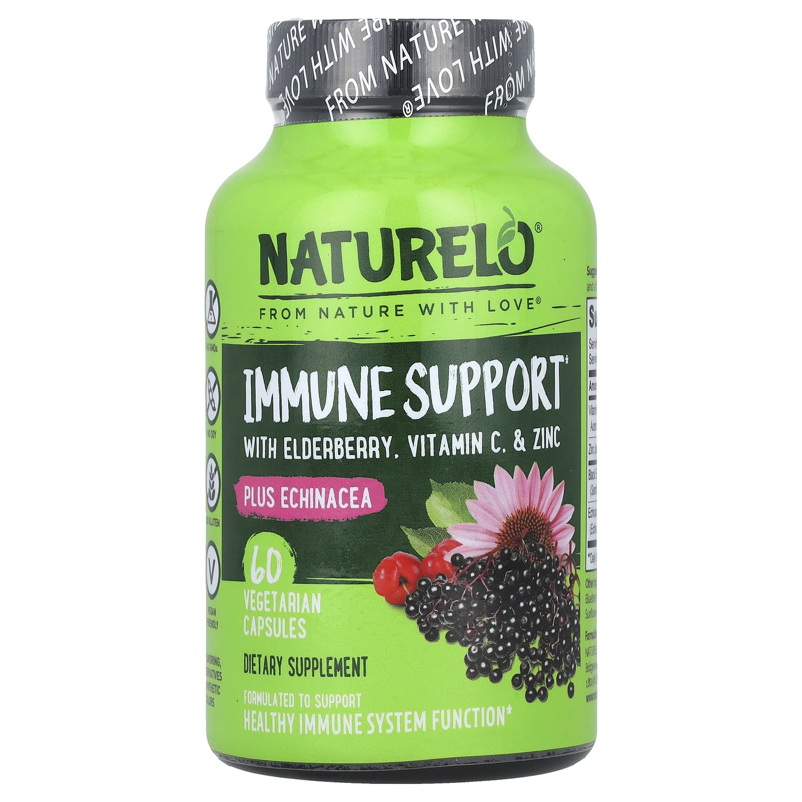 Бузина NATURELO Vitamin C & Zinc plus Echinacea, вкус Immune Support with Elderberry, 60 растительных капсул