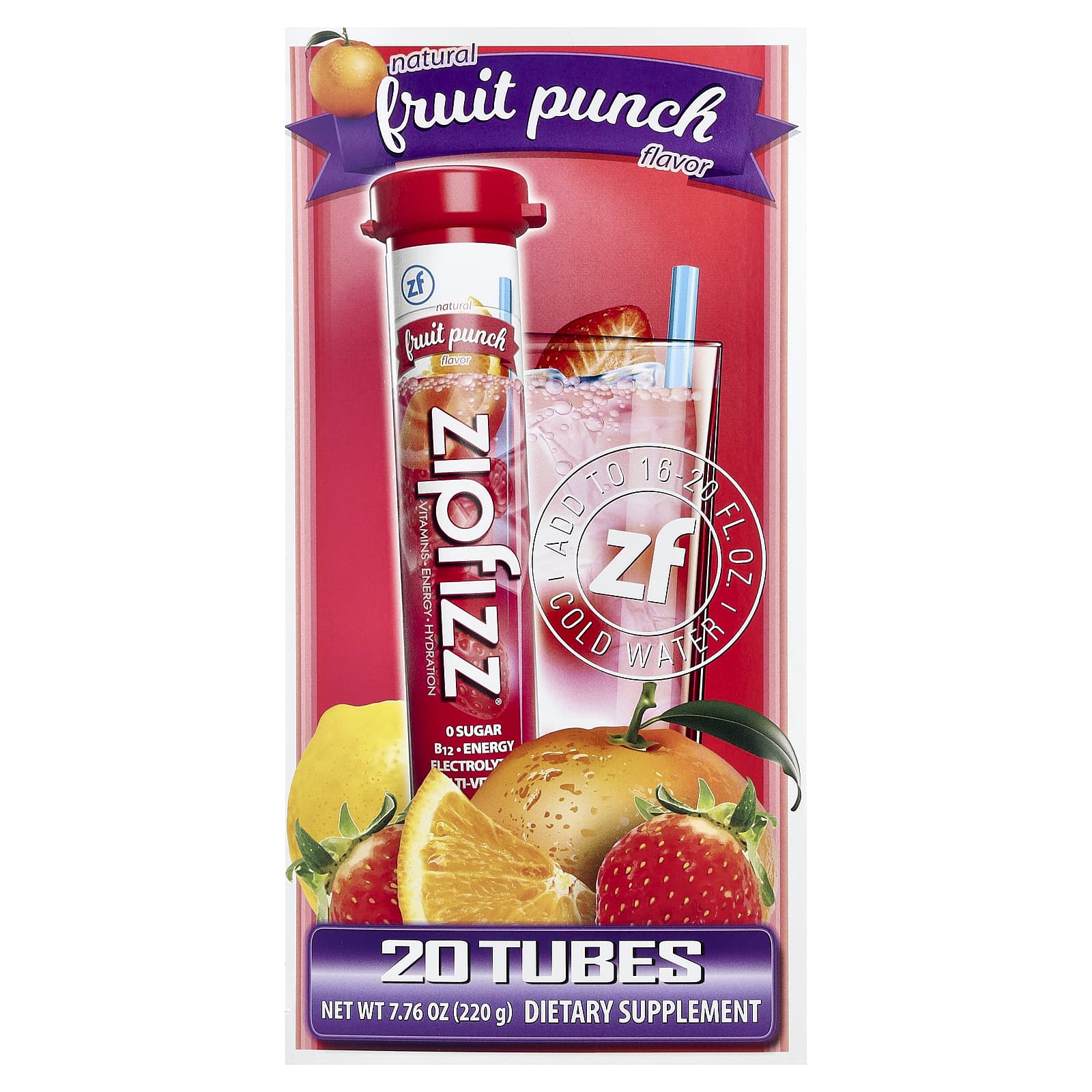 Смесь для энергетического напитка Zipfizz, вкус Fruit Punch, 11 г, 20 туб — фото 2