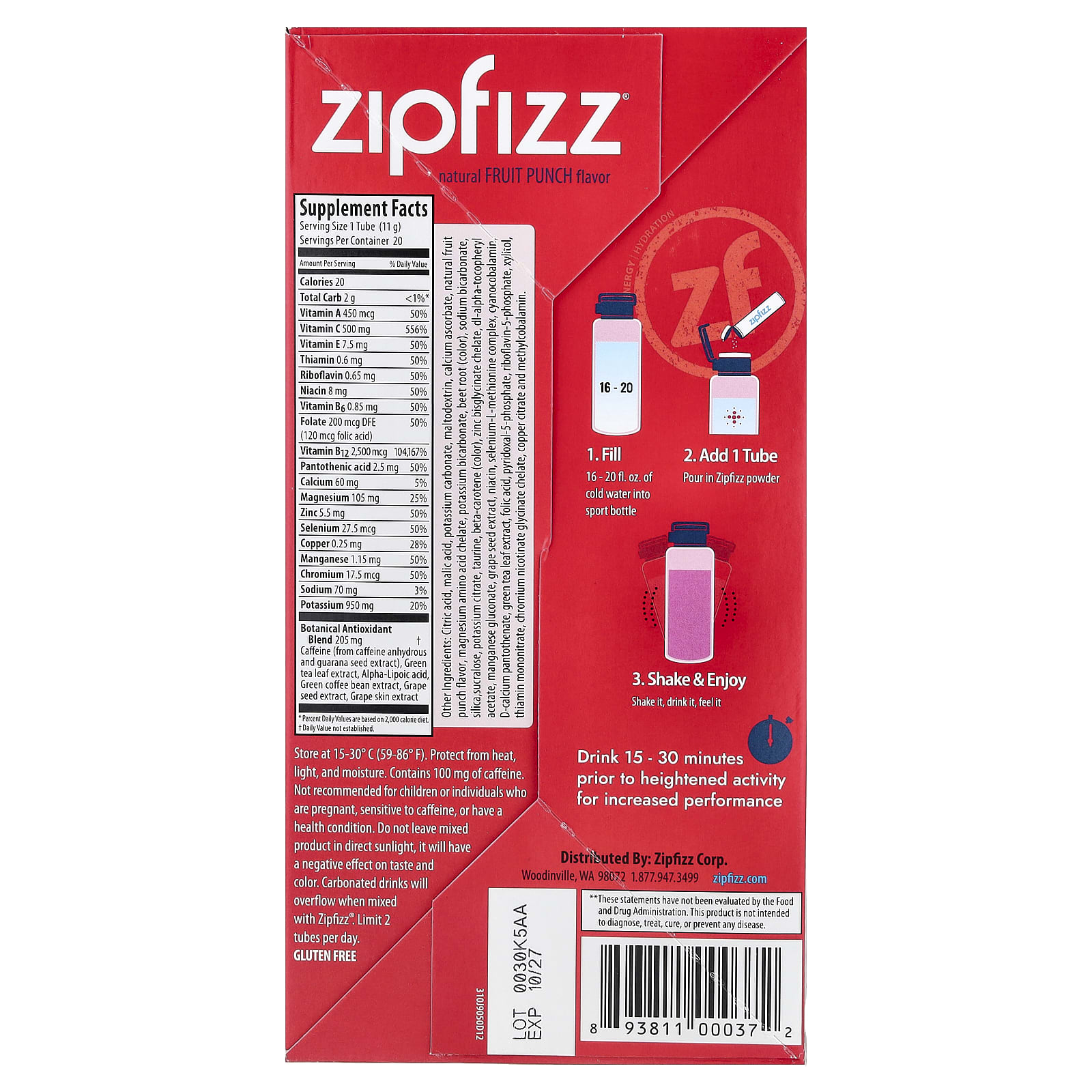 Смесь для энергетического напитка Zipfizz, вкус Fruit Punch, 11 г, 20 туб — фото 3