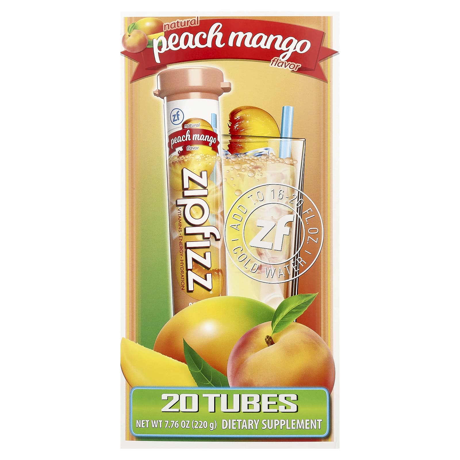 Смесь для энергетического напитка Zipfizz Peach Mango, оттенок 20 Tubes, 11 г, смесь для напитка — фото 2